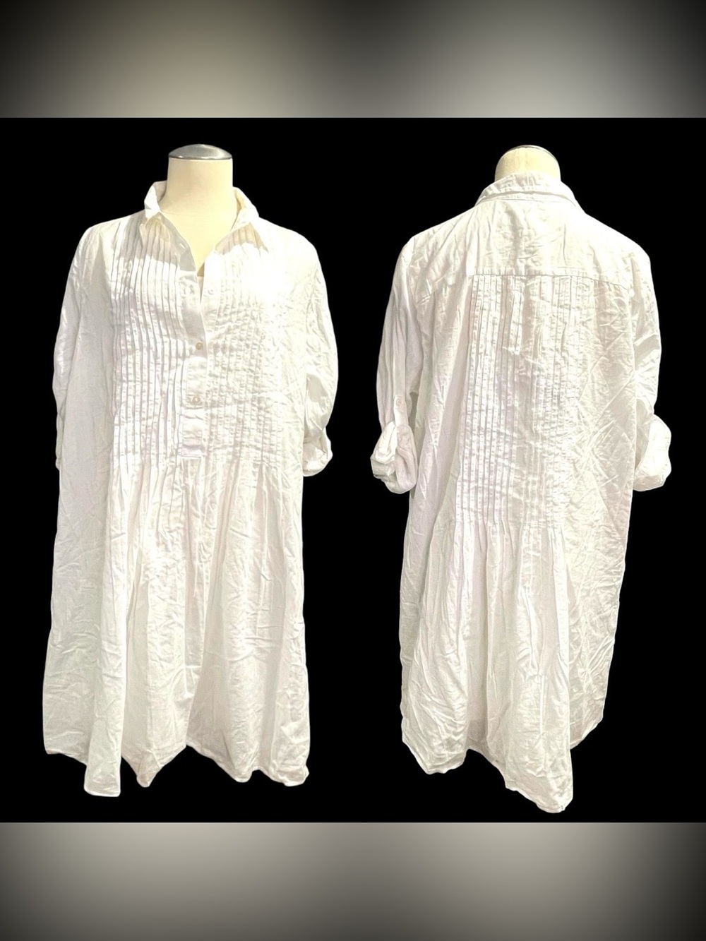 GAP White Pintuck 1/2 Button Down Midi Dress Rolled Long Sleeves With Slip- NEW